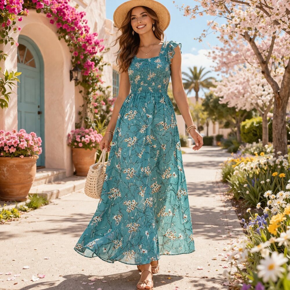 Hayden Los Angeles Floral Maxi Dress Size Small Smocked Boho Blue Rayon